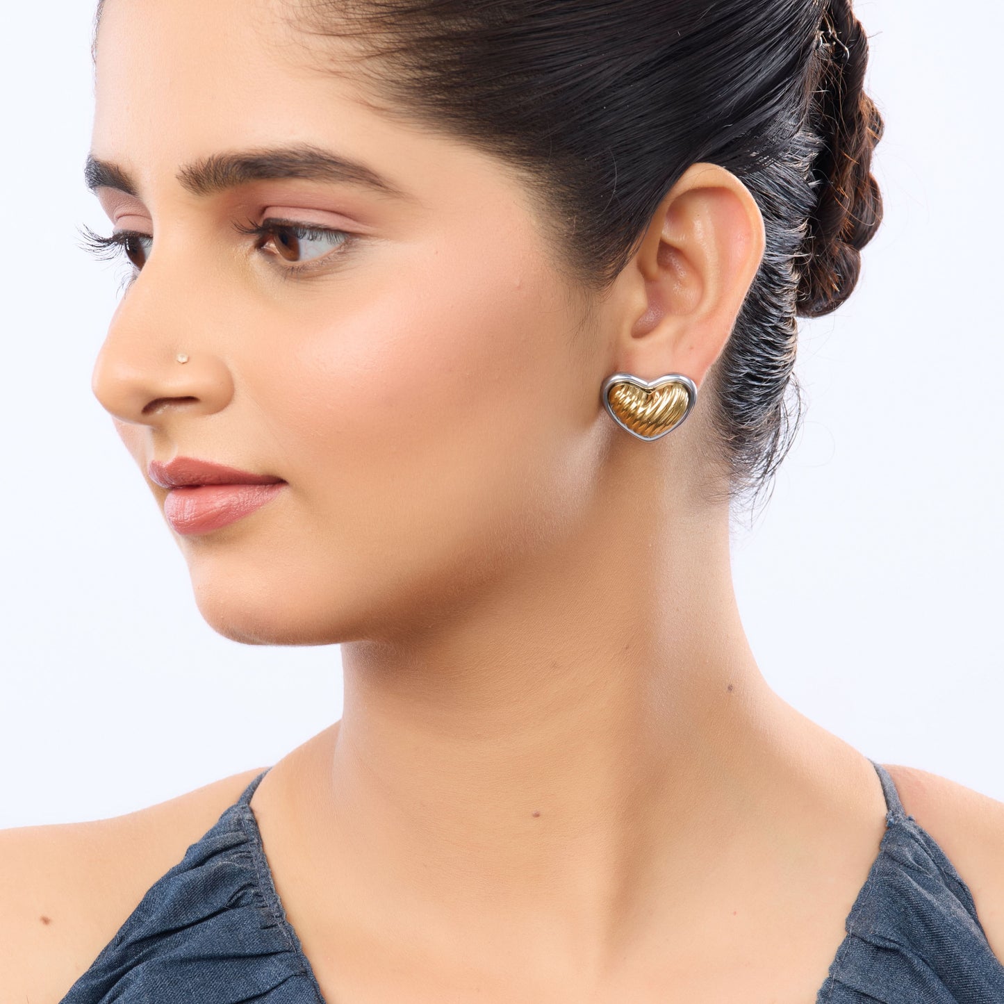 Amouréa Dual-Tone Heart Stud Earrings - gold and silver heart stud earrings for women - view 9