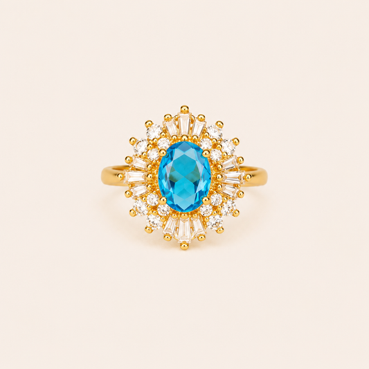 Aqua Flare Sunburst Ring - gold plated sunburst statement ring for women