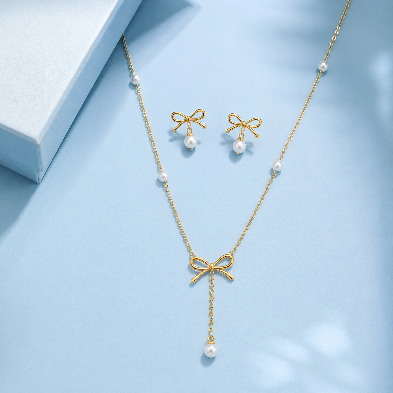 Arboreal Bow and Seed Pearl Necklace and Earrings Set - gold plated pearl jewellery set for women-2