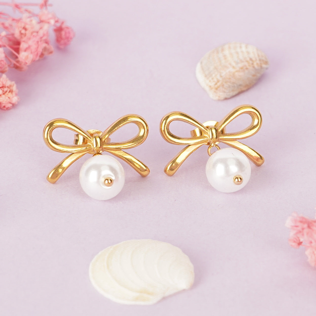 Arboreal Bow and Seed Pearl Necklace and Earrings Set - gold plated pearl jewellery set for women-5