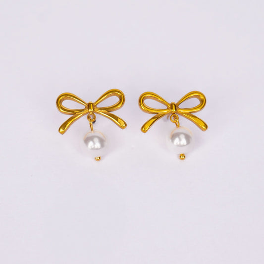 Arboreal Bow and Seed Pearl Necklace and Earrings Set - gold plated pearl jewellery set for women - view 2