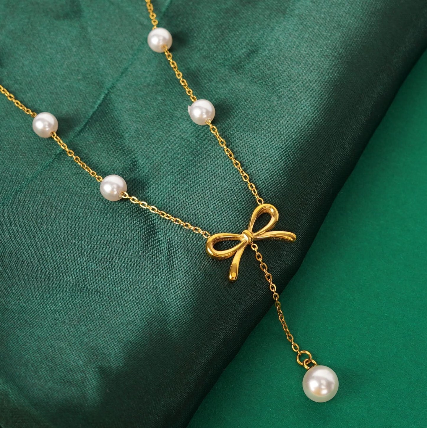 Arboreal Bow and Seed Pearl Necklace and Earrings Set - gold plated pearl jewellery set for women - view 3