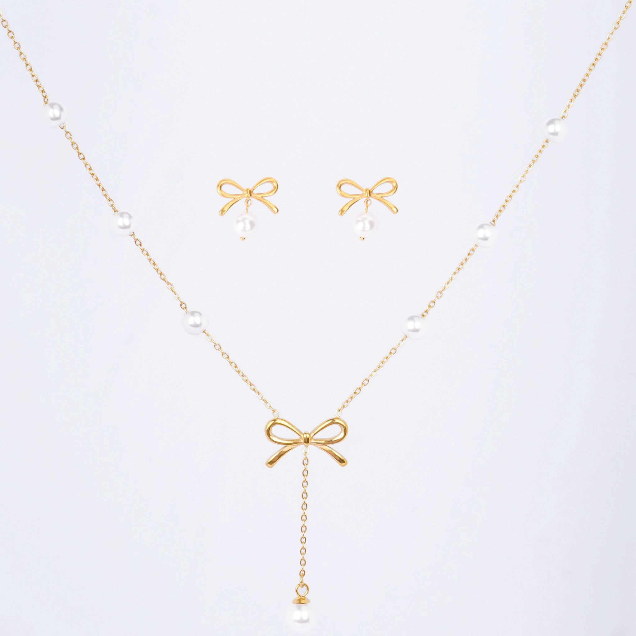 Arboreal Bow and Seed Pearl Necklace and Earrings Set - gold plated pearl jewellery set for women