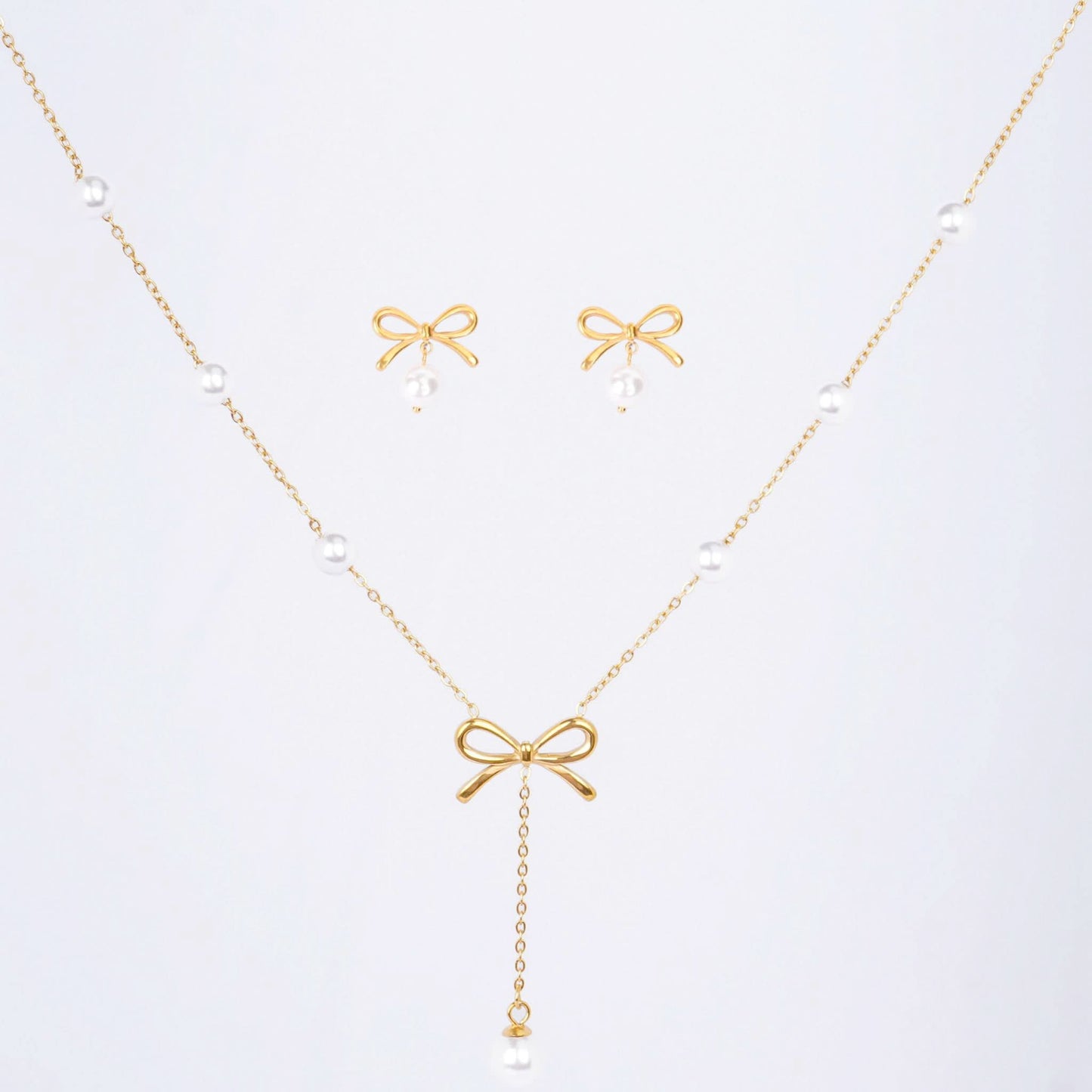 Arboreal Bow and Seed Pearl Necklace and Earrings Set - gold plated pearl jewellery set for women
