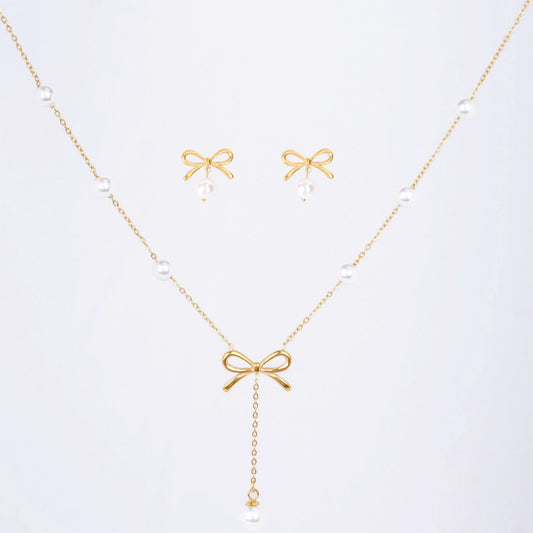 Arboreal Bow and Seed Pearl Necklace and Earrings Set - gold plated pearl jewellery set for women