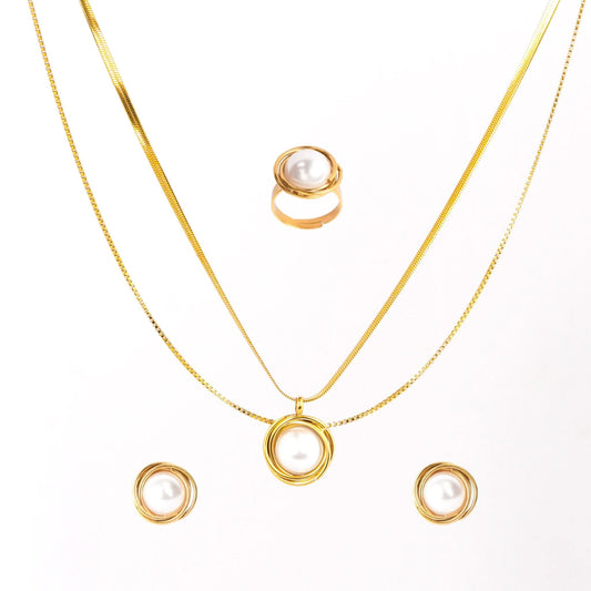 Arboreal Pearl Halo Necklace and Earrings Set - gold plated pearl halo jewellery set for women - view 2