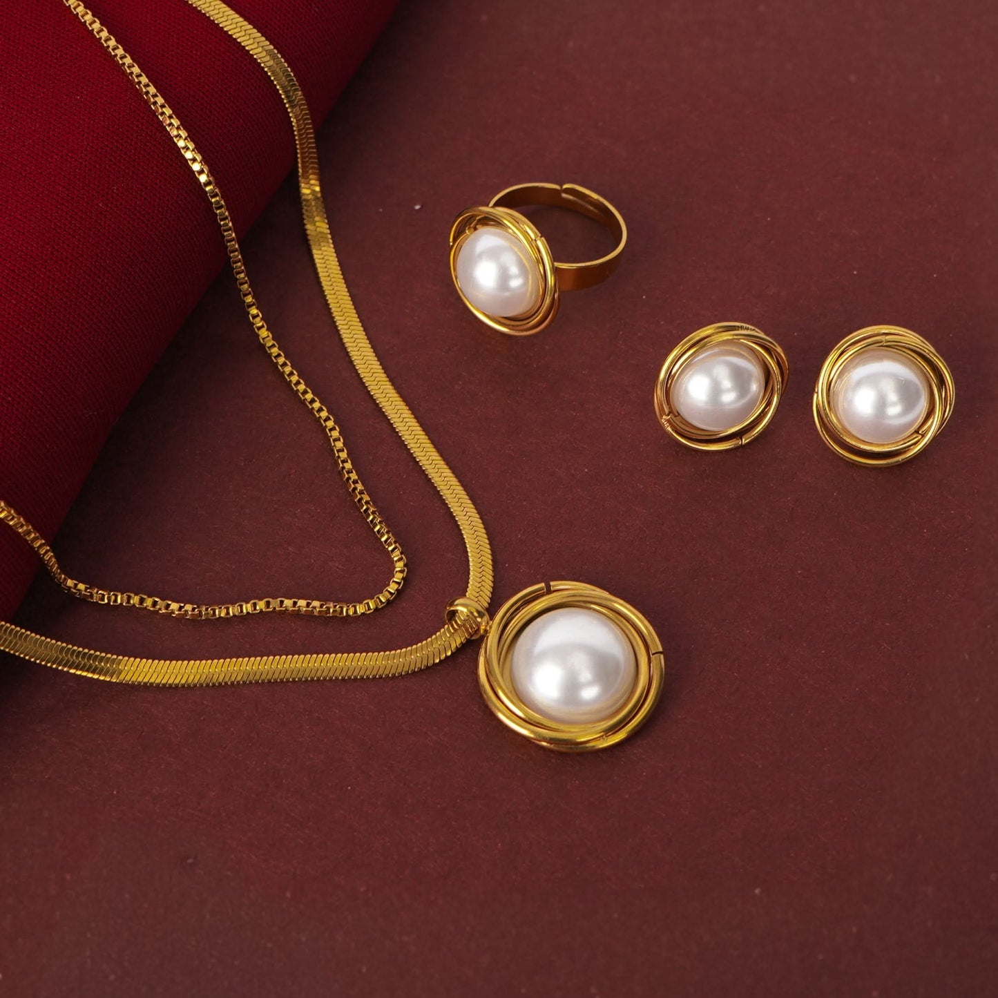 Arboreal Pearl Halo Necklace and Earrings Set - gold plated pearl halo jewellery set for women - view 3