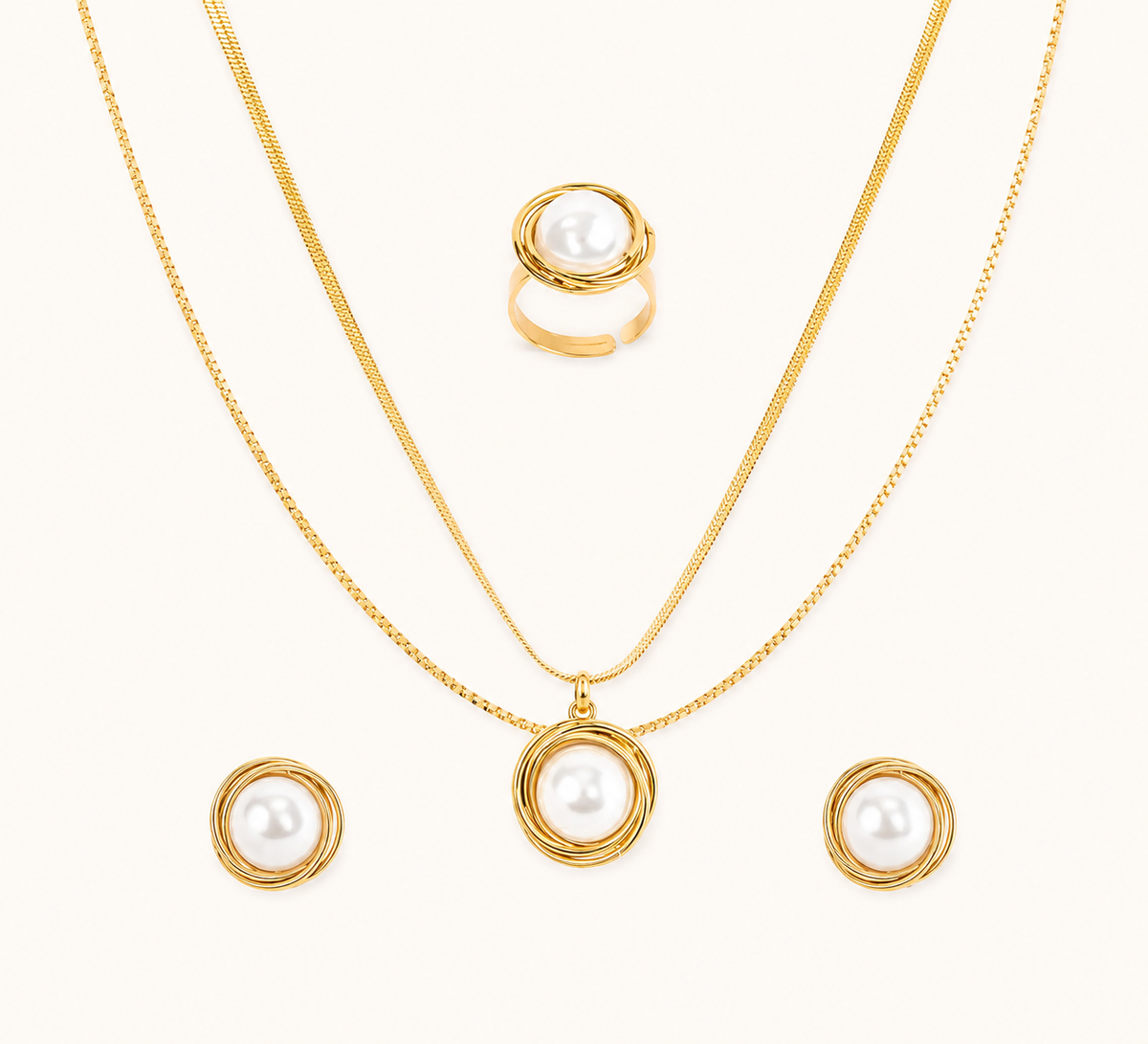 Arboreal Pearl Halo Necklace and Earrings Set - gold plated pearl halo jewellery set for women