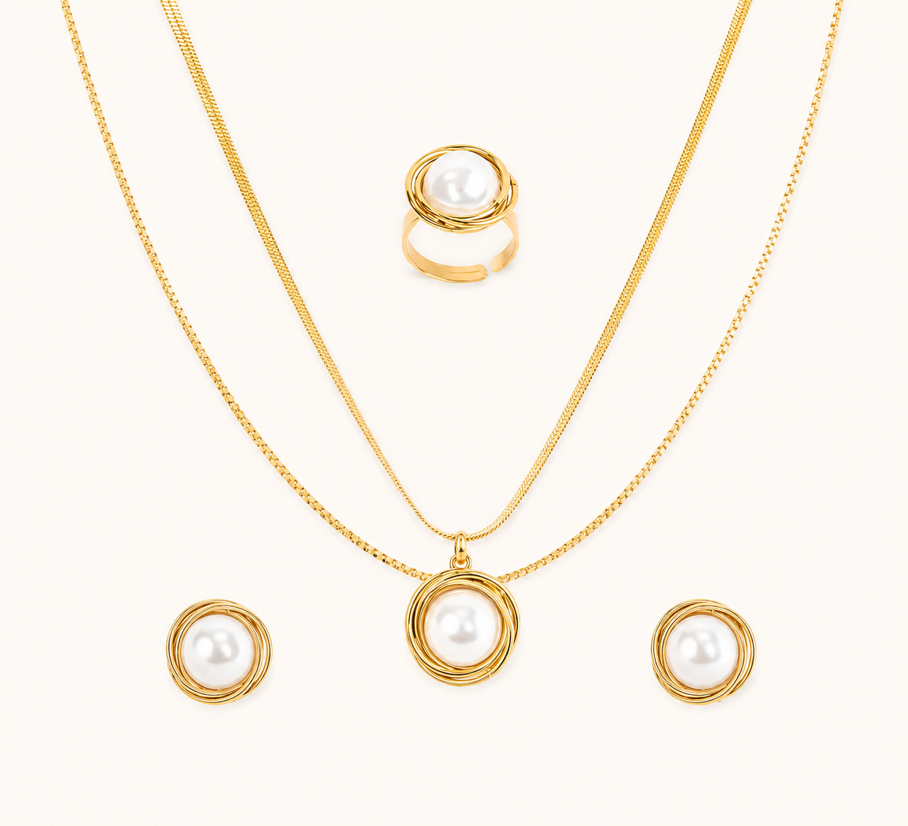 Arboreal Pearl Halo Necklace and Earrings Set - gold plated pearl halo jewellery set for women