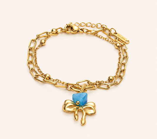 Azure Bow Charm Strand Bracelet - gold plated layered charm bracelet for women - view 2
