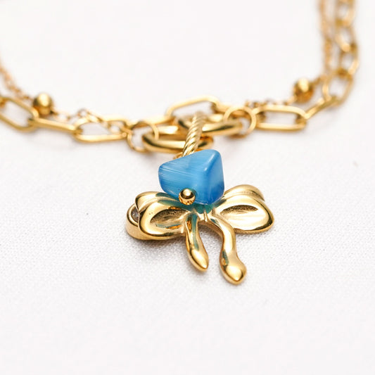 Azure Bow Charm Strand Bracelet - gold plated layered charm bracelet for women - view 3