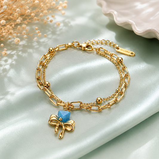 Azure Bow Charm Strand Bracelet - gold plated layered charm bracelet for women - view 6