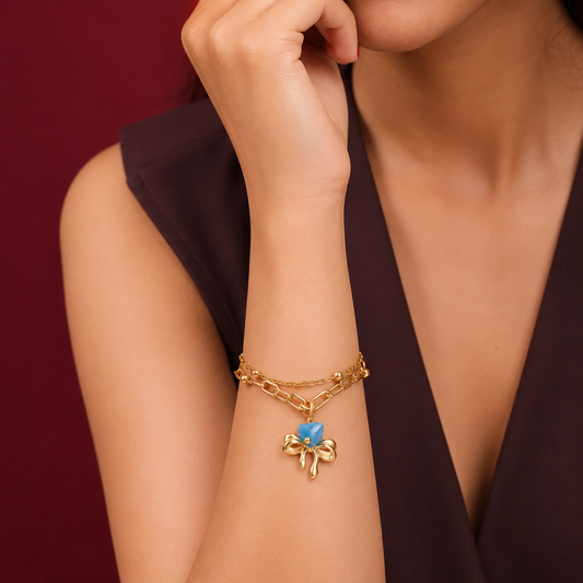 Azure Bow Charm Strand Bracelet - gold plated layered charm bracelet for women