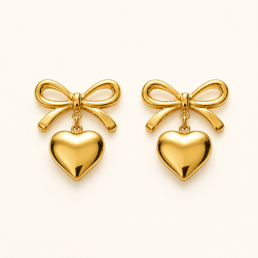 Belleria Heart Bow Drop Earrings - gold plated heart bow drop earrings for women
