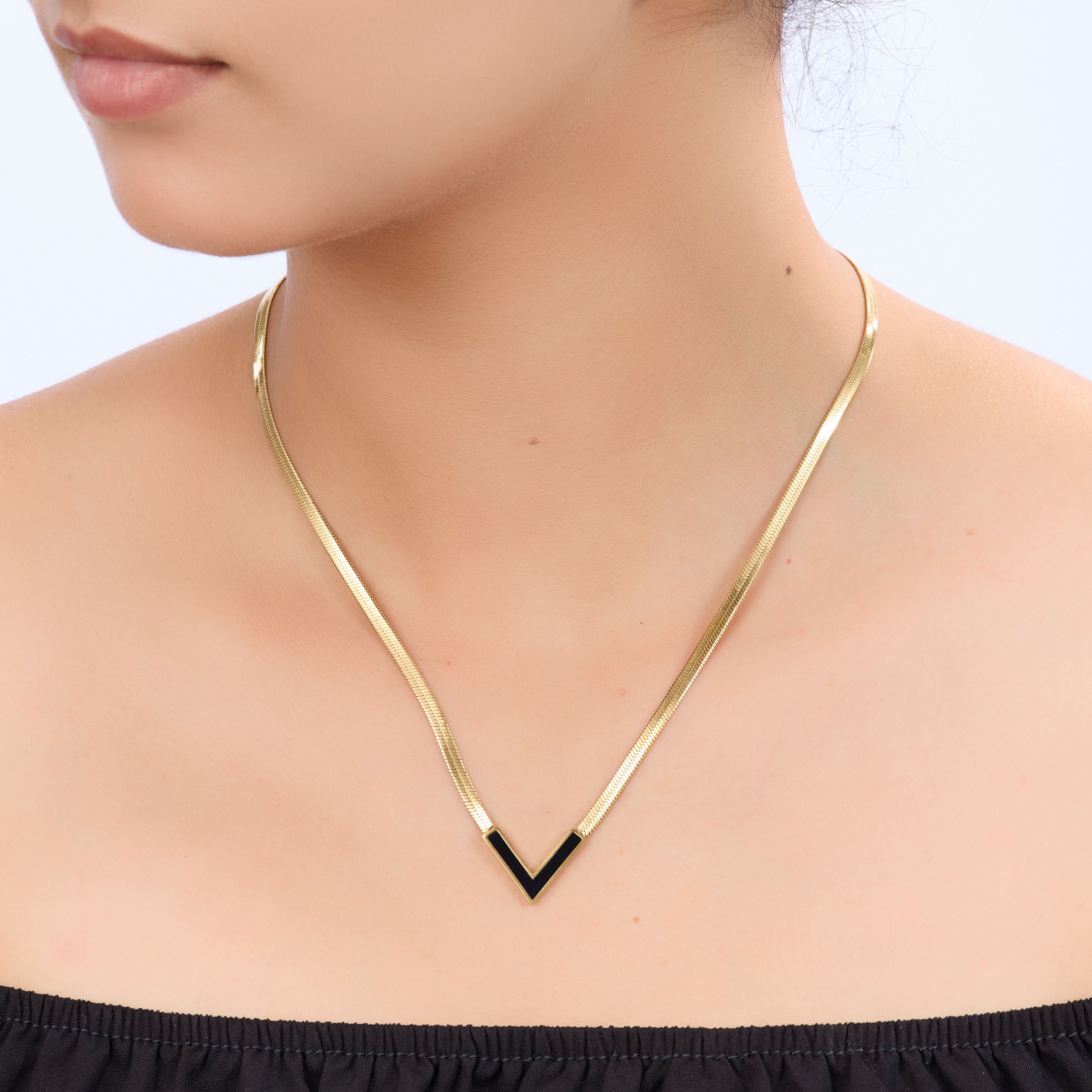 Black Onyx Chevron Necklace - gold plated black onyx chevron necklace for women - view 2