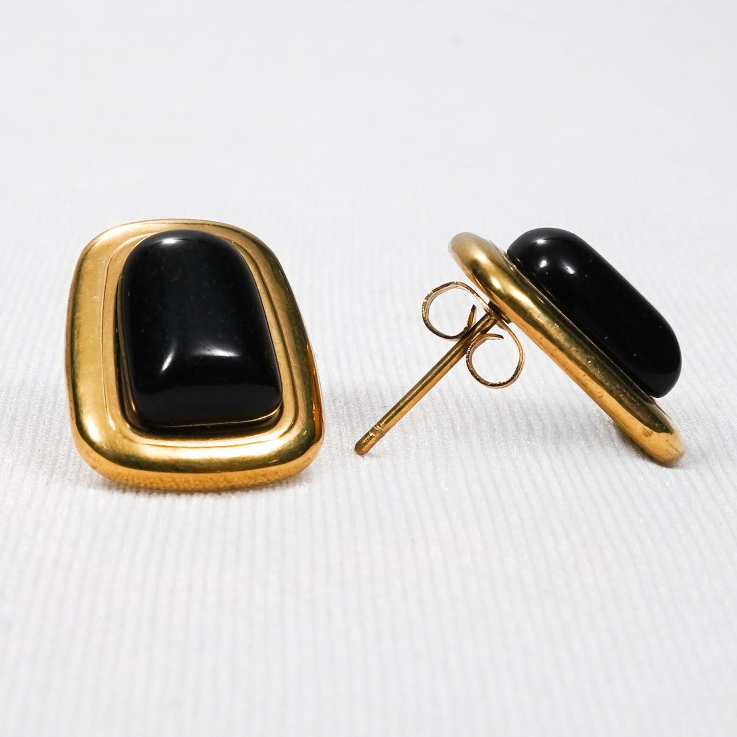 Black Stone Rectangle Stud Earrings - gold plated black stone rectangle stud earrings - view 3