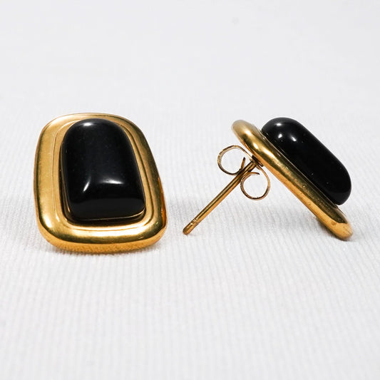 Black Stone Rectangle Stud Earrings - gold plated black stone rectangle stud earrings - view 3