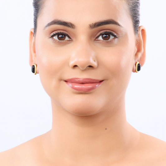 Black Stone Rectangle Stud Earrings - gold plated black stone rectangle stud earrings - view 4