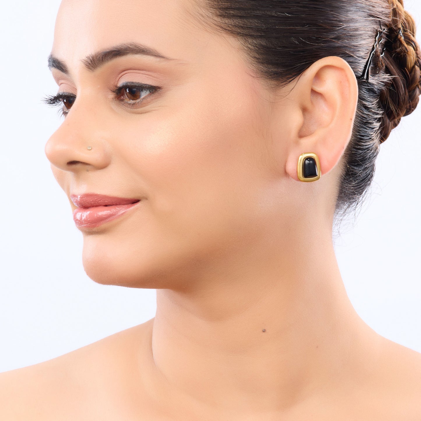 Black Stone Rectangle Stud Earrings - gold plated black stone rectangle stud earrings - view 5