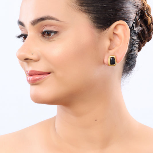 Black Stone Rectangle Stud Earrings - gold plated black stone rectangle stud earrings - view 5