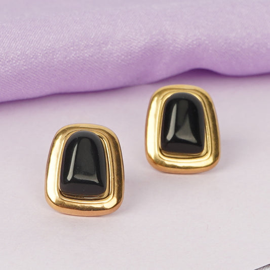 Black Stone Rectangle Stud Earrings - gold plated black stone rectangle stud earrings - view 6