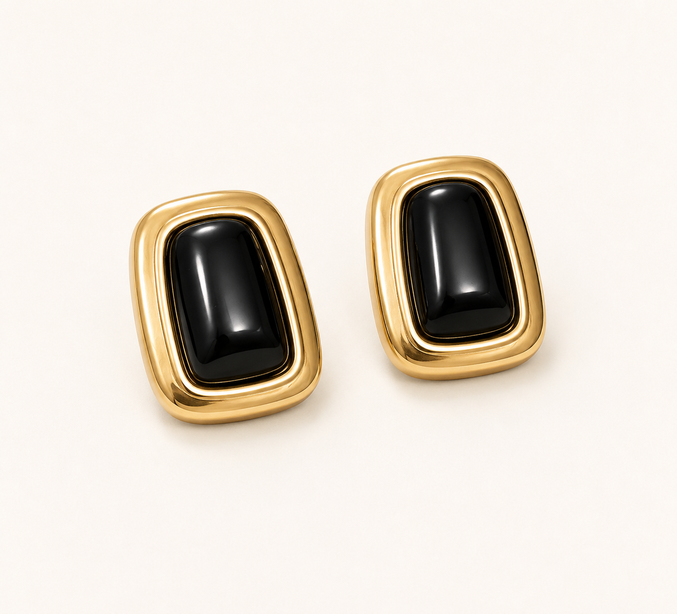 Black Stone Rectangle Stud Earrings - gold plated black stone rectangle stud earrings