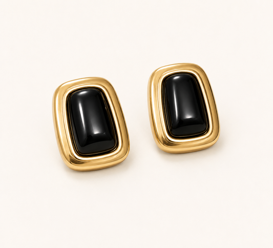 Black Stone Rectangle Stud Earrings - gold plated black stone rectangle stud earrings