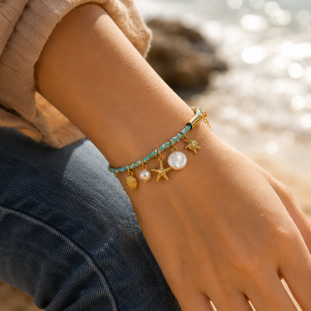 Boho Ocean Breeze Bracelet - ceramic ocean pendant woven bracelet for women