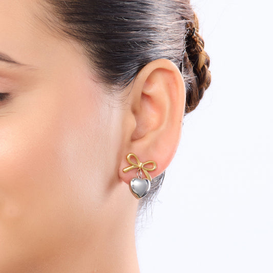 Bow Dual-Tone Heart Drop Earrings - gold and silver bow heart drop earrings for women - view 2