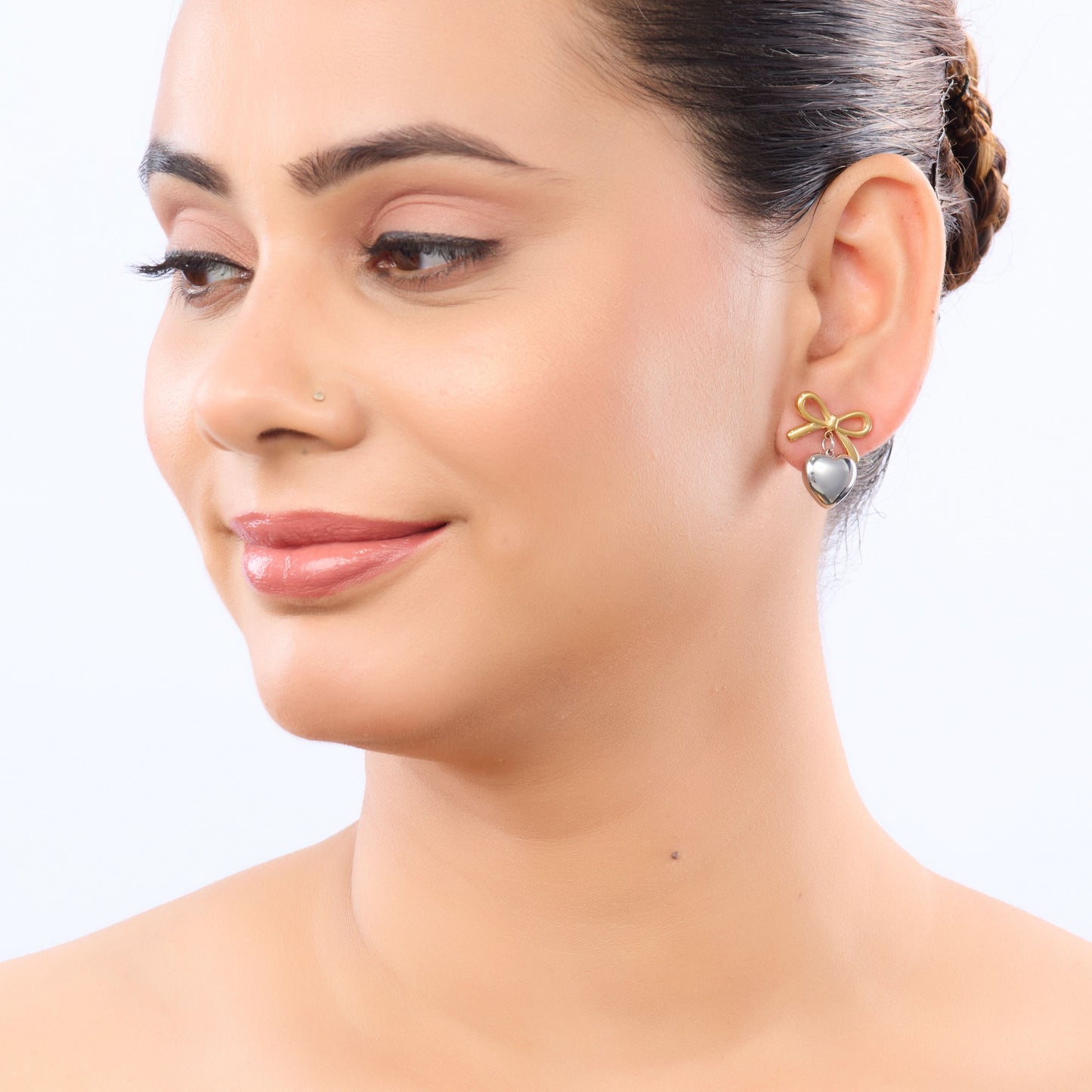 Bow Dual-Tone Heart Drop Earrings - gold and silver bow heart drop earrings for women - view 4