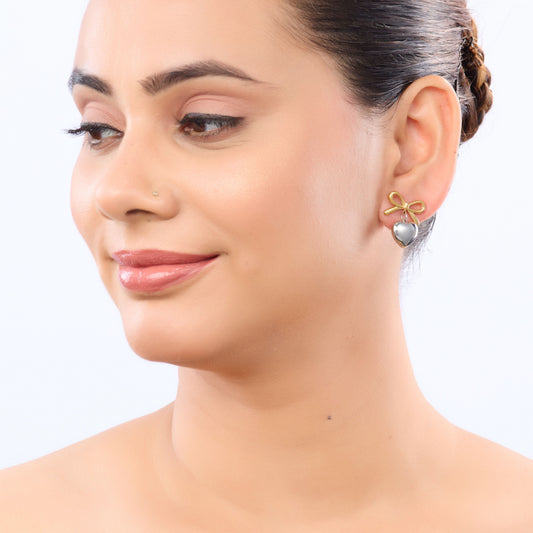 Bow Dual-Tone Heart Drop Earrings - gold and silver bow heart drop earrings for women - view 4
