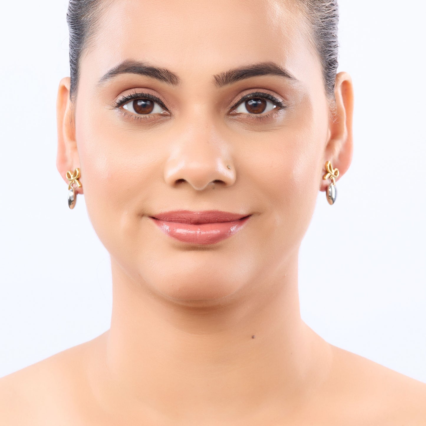 Bow Dual-Tone Heart Drop Earrings - gold and silver bow heart drop earrings for women - view 5