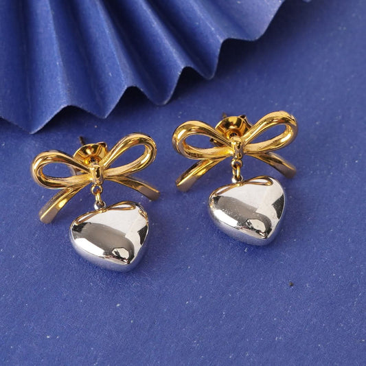 Bow Dual-Tone Heart Drop Earrings - gold and silver bow heart drop earrings for women - view 6