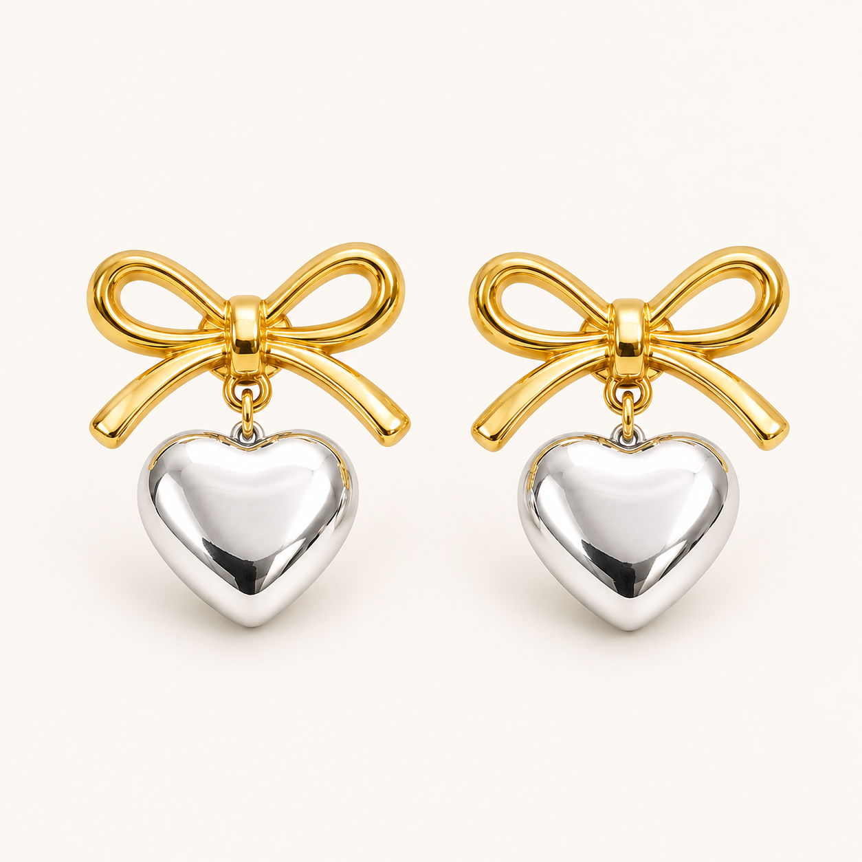 Bow Dual-Tone Heart Drop Earrings - gold and silver bow heart drop earrings for women