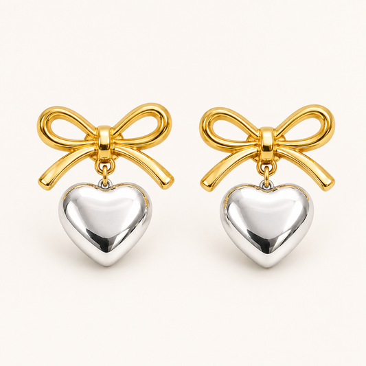Bow Dual-Tone Heart Drop Earrings - gold and silver bow heart drop earrings for women