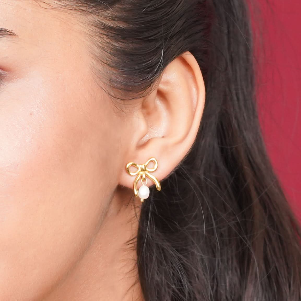 Bow Pearl Drop Stud Earrings - gold plated bow pearl drop stud earrings for women - view 2
