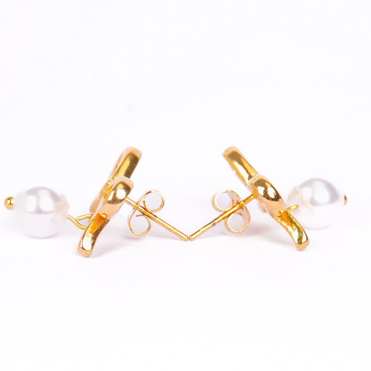 Bow Pearl Drop Stud Earrings - gold plated bow pearl drop stud earrings for women - view 3