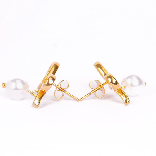 Bow Pearl Drop Stud Earrings - gold plated bow pearl drop stud earrings for women - view 3