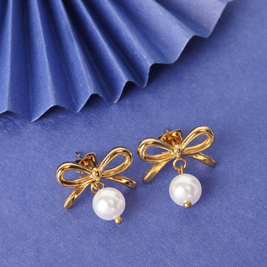 Bow Pearl Drop Stud Earrings - gold plated bow pearl drop stud earrings for women - view 5