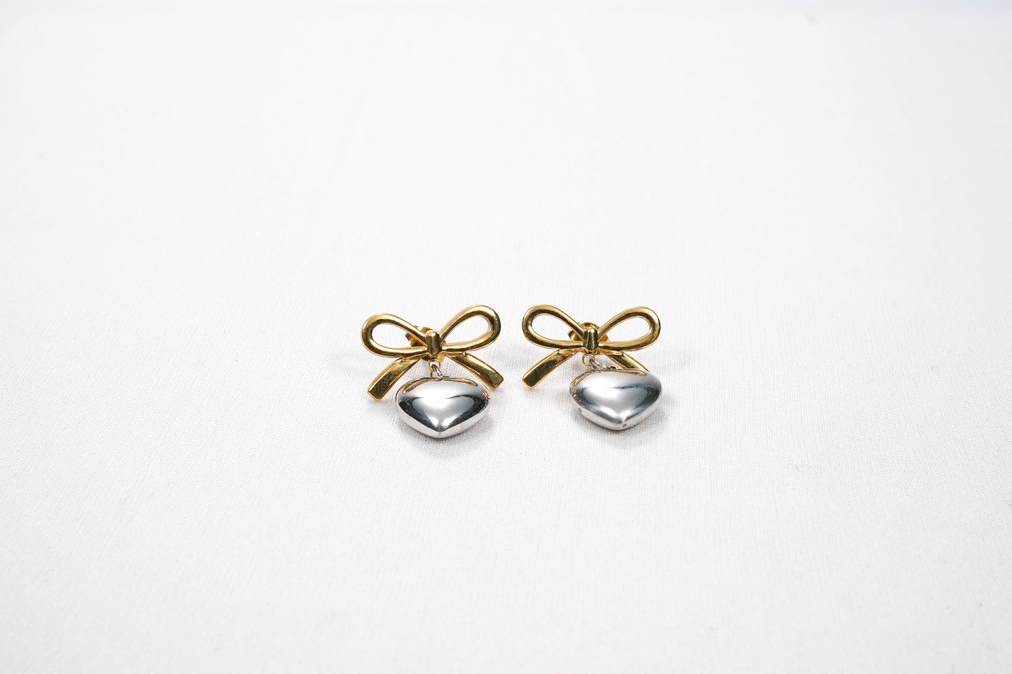 Bow Puffed Heart Drop Earrings - gold plated bow and puffed heart drop earrings for women - view 10