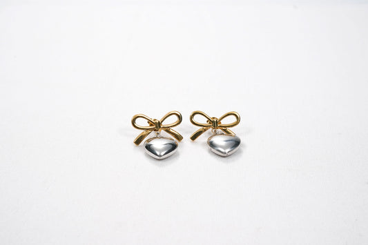 Bow Puffed Heart Drop Earrings - gold plated bow and puffed heart drop earrings for women - view 10