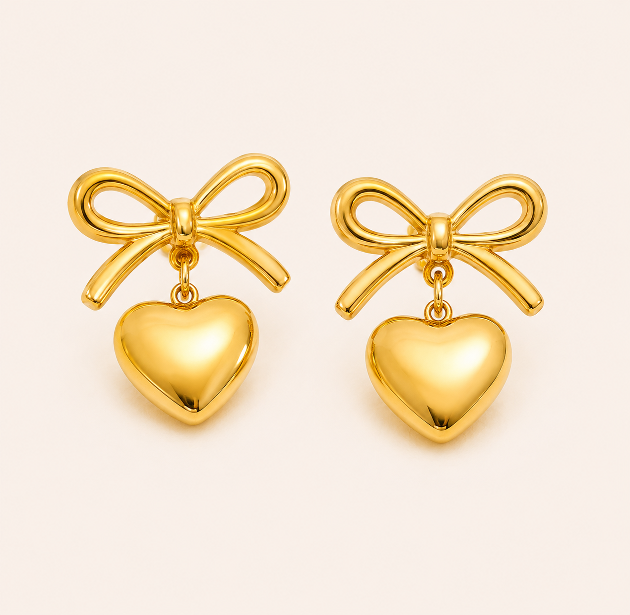 Bow Puffed Heart Drop Earrings - gold plated bow and puffed heart drop earrings for women - view 2