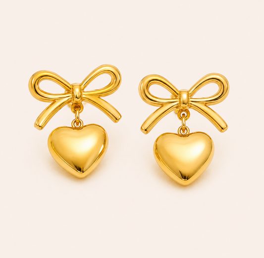 Bow Puffed Heart Drop Earrings - gold plated bow and puffed heart drop earrings for women - view 2