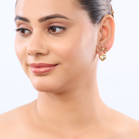 Bow Puffed Heart Drop Earrings - gold plated bow and puffed heart drop earrings for women - view 5