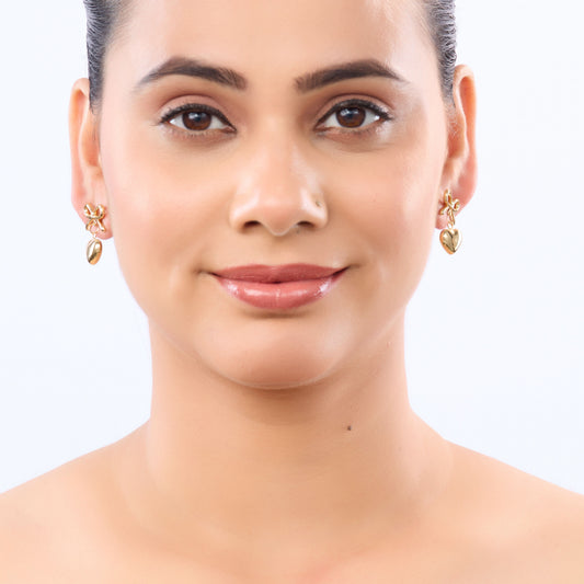 Bow Puffed Heart Drop Earrings - gold plated bow and puffed heart drop earrings for women - view 6