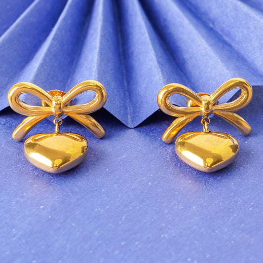 Bow Puffed Heart Drop Earrings - gold plated bow and puffed heart drop earrings for women - view 7