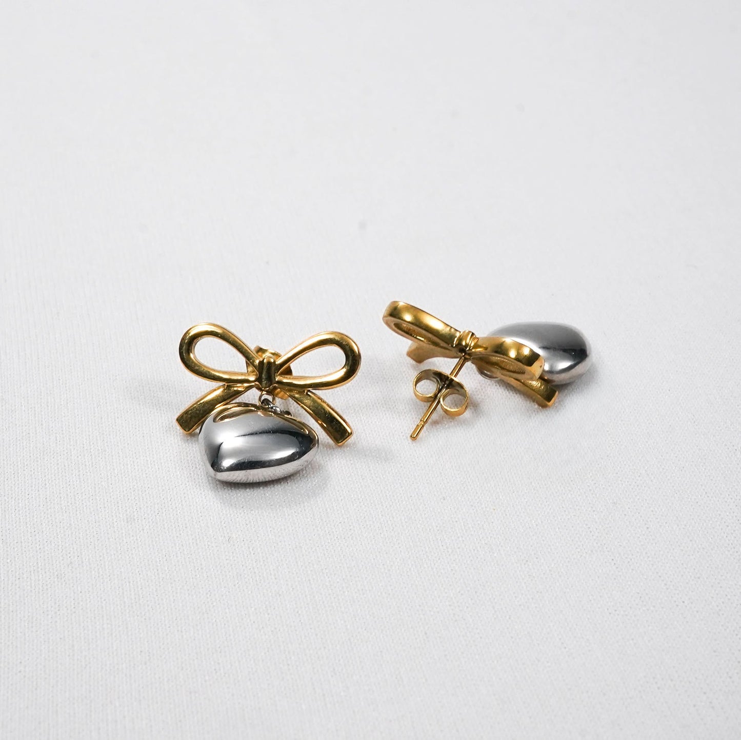 Bow Puffed Heart Drop Earrings - gold plated bow and puffed heart drop earrings for women - view 8
