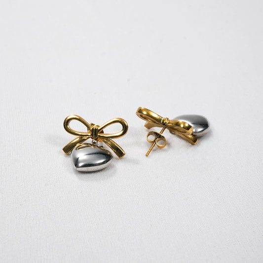 Bow Puffed Heart Drop Earrings - gold plated bow and puffed heart drop earrings for women - view 8