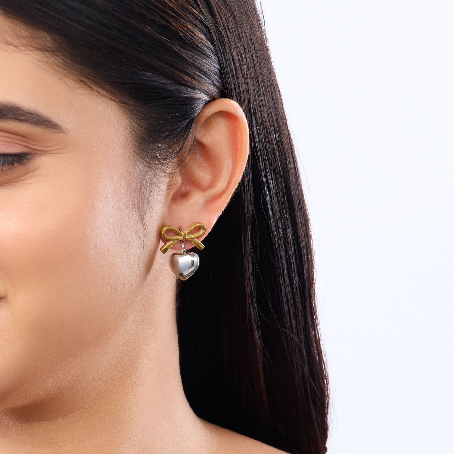 Bow Puffed Heart Drop Earrings - gold plated bow and puffed heart drop earrings for women - view 9