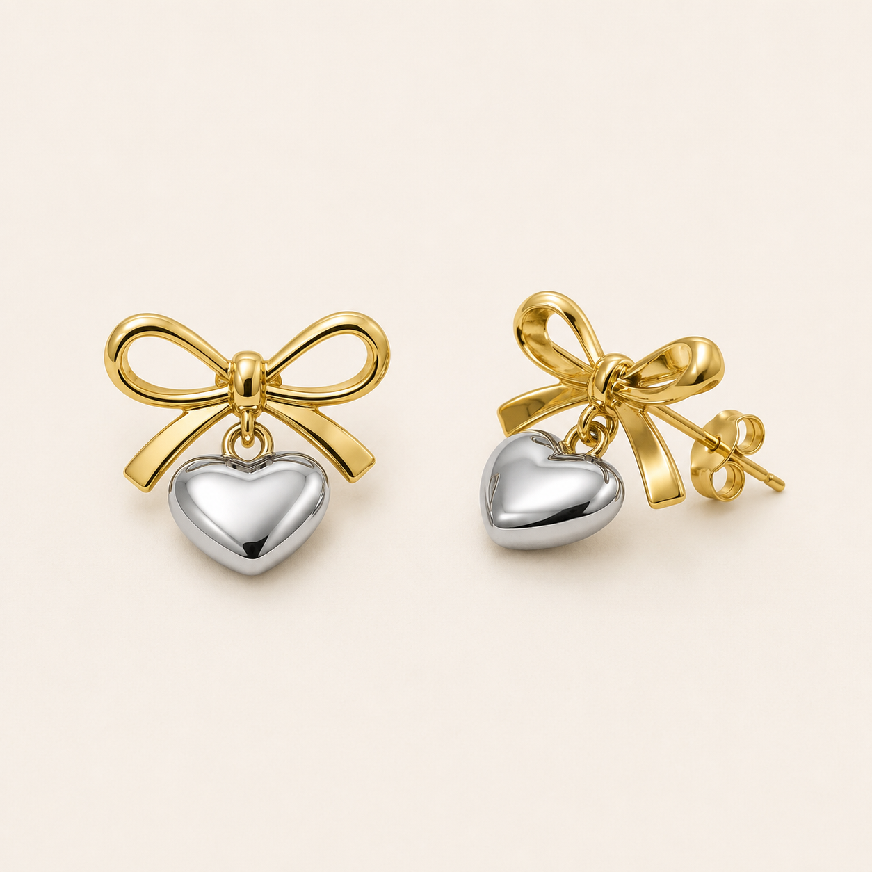 Bow Puffed Heart Drop Earrings - gold plated bow and puffed heart drop earrings for women